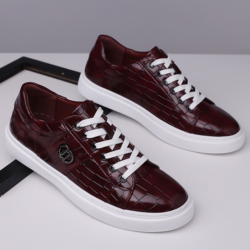 Men's Burgundy Crocodile Pattern Faux Leather Sneakers with Lace-Up Design – Stylish Casual Shoes for Everyday Wear2