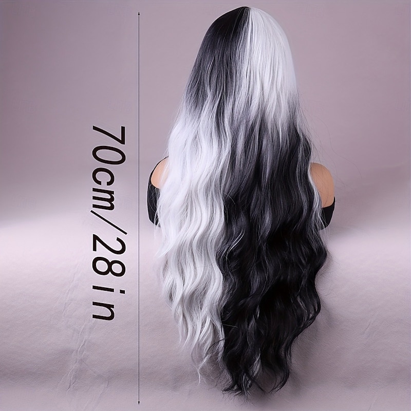 Long Black And White Double Wig A White Wig With Heat Resistant Synthetic Hair In The Middle Part Of A Cosplay Party Wig4