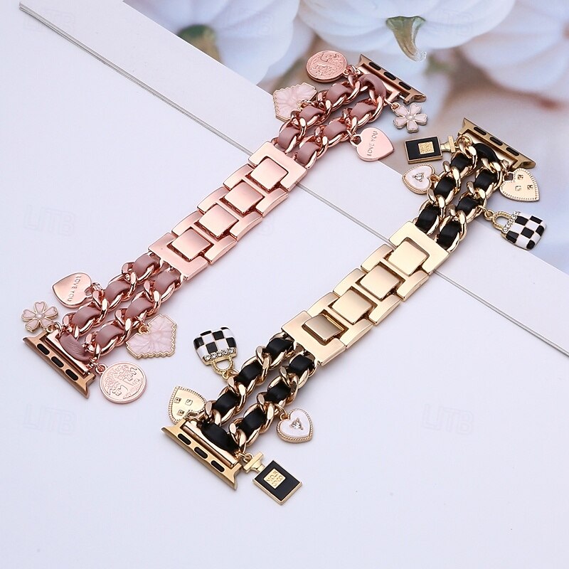 Jewelry Bracelet Compatible with Apple Watch band 38mm 40mm 41mm 42mm 44mm 45mm 49mm Double Chain Luxury Adjustable Alloy Strap Replacement Wristband for iwatch Ultra 2 Series 9 8 7 SE 6 5 4 3 2 12