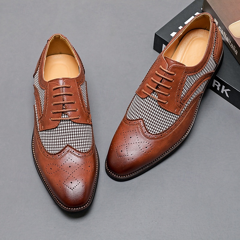 Men's Brown Faux Leather Oxford Shoes with Houndstooth Pattern and Brogue Detailing – Classic Formal Dress Shoes for Business and Weddings4