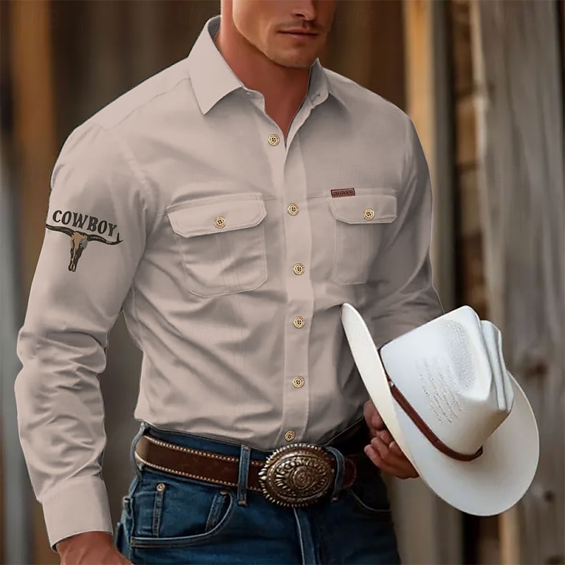 Men's Cow Work Shirt Western Shirt Cargo Shirt Long Sleeve Casual Tactical Sports & Outdoor Going out Winter Spring &  Fall Turndown Print Black off-white Khaki