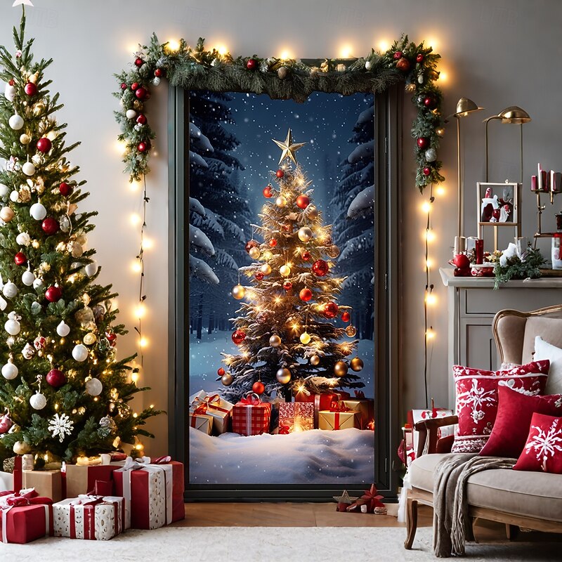 Christmas Door Decorations Door Covers Xmas Tree Gifts Door Tapestry Door Curtain Decoration Backdrop Door Banner for Front Door Farmhouse Holiday Party Decor Supplies Indoor/Outdoor