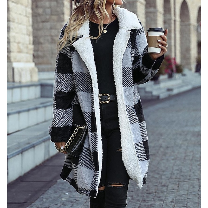 Women's Coat Trench Coat Street Daily Wear Fall Winter Long Coat Loose Fit Warm Breathable Stylish Street Style Jacket Long Sleeve Stripes and Plaid Fur Collar White+Black