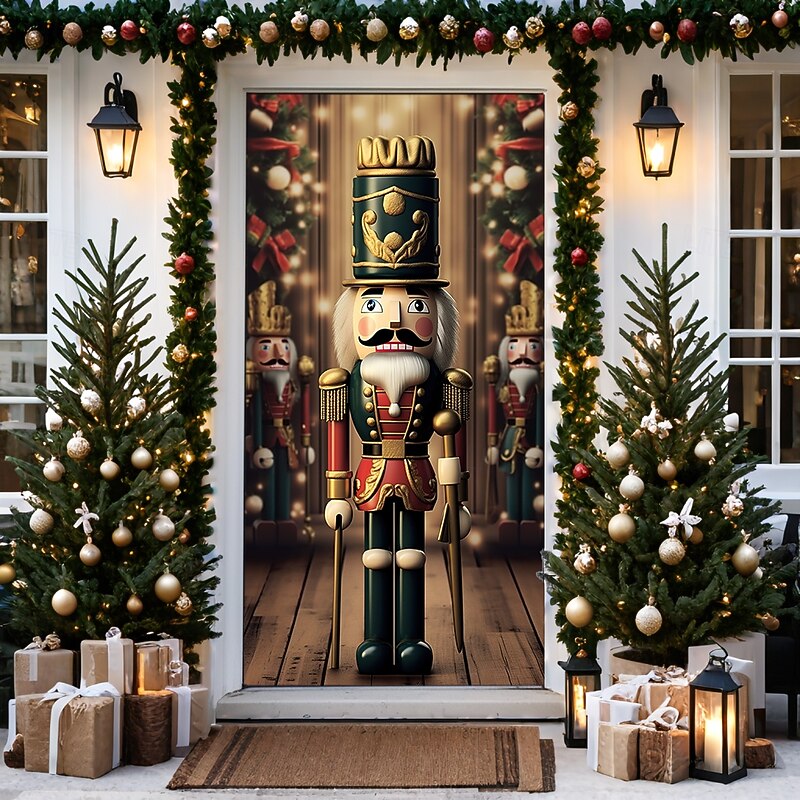 Christmas Door Decorations Door Covers Xmas Nutcracker Door Tapestry Door Curtain Decoration Backdrop Door Banner for Front Door Farmhouse Holiday Party Decor Supplies Indoor/Outdoor