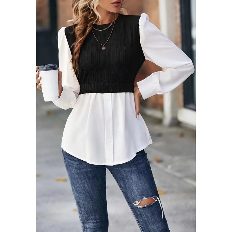 Women's Blouse Stylish Modern Long Sleeve Regular Tops Crew Neck Work Daily Black Spring Fall Winter4