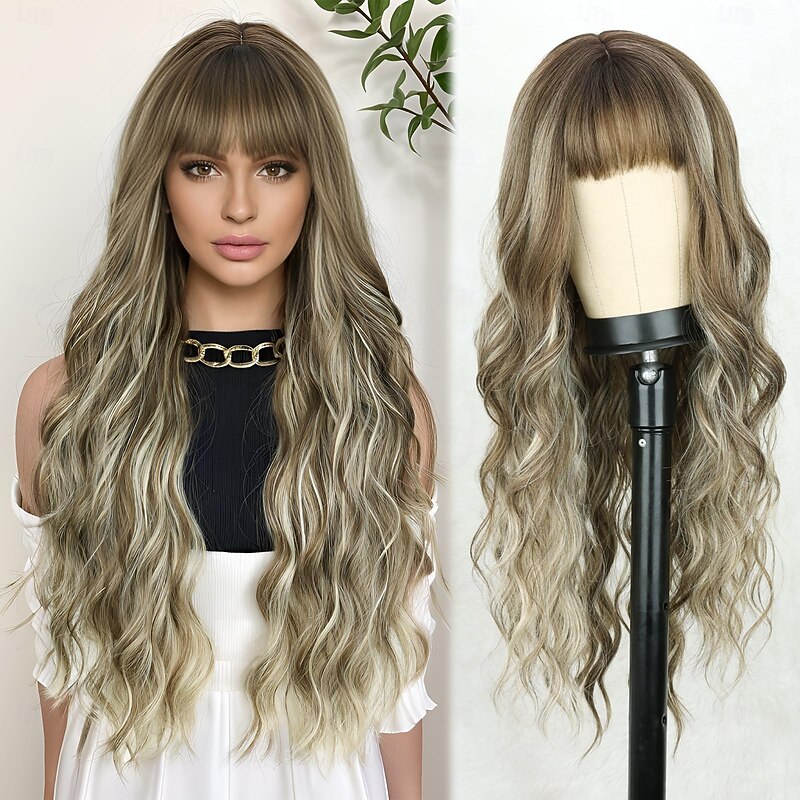 Long Brown Wigs with Bangs for Women Brown and Blonde Wavy Hair Wigs Heat Resistant Synthetic Fiber Wigs for Daily Party Use