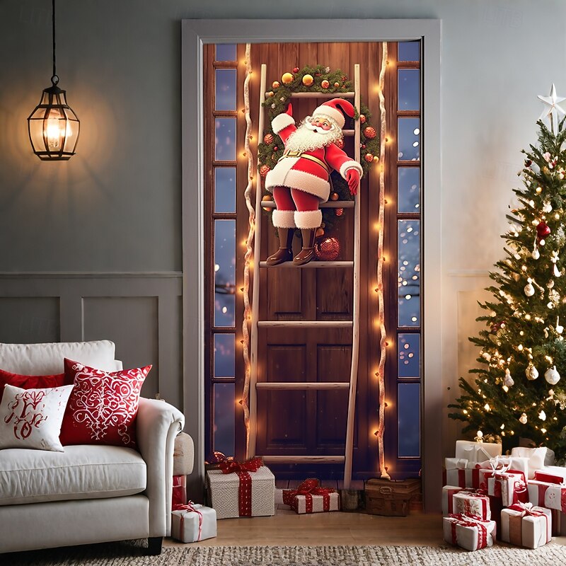 Christmas Door Decorations Door Covers Xmas Santa Ladder Door Tapestry Door Curtain Decoration Backdrop Door Banner for Front Door Farmhouse Holiday Party Decor Supplies Indoor/Outdoor4