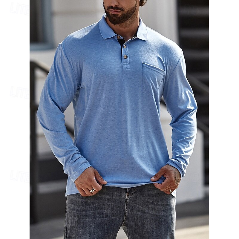 Men's Polo Shirt Golf Shirt Casual Sports Lapel Long Sleeve Fashion Basic Solid Color Button Spring &  Fall Regular Fit Light Blue Army Green Dark Grey Lake blue Retro Red Apricot Polo Shirt2