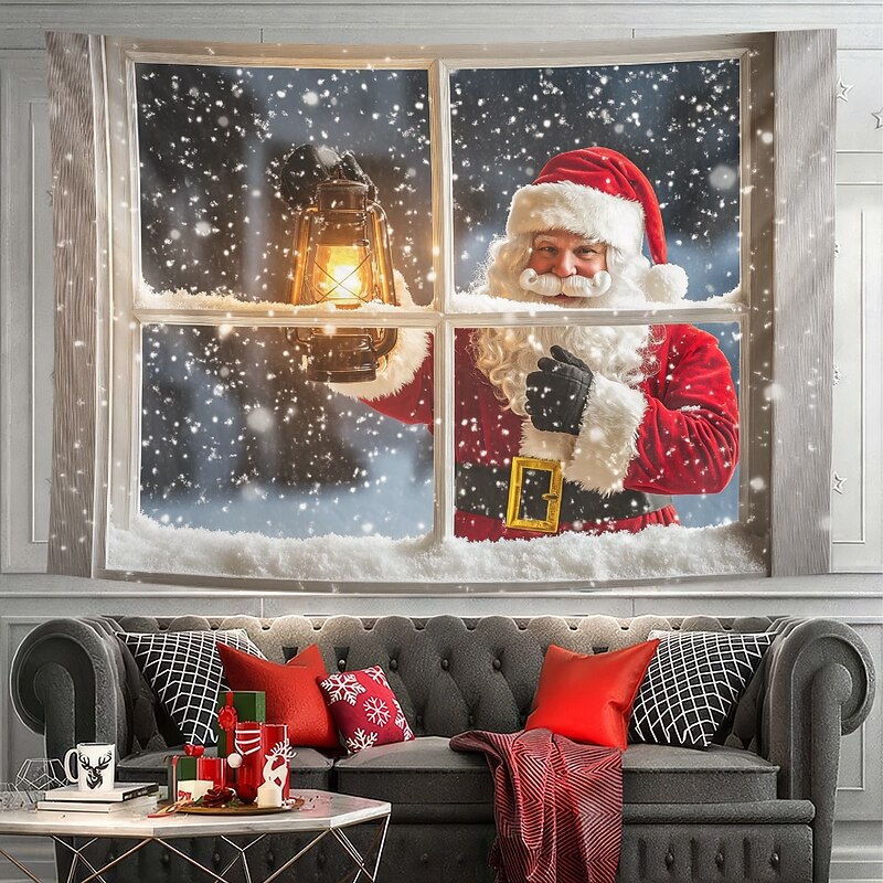 Christmas Decorations Hanging Tapestry Santa Outside Window Wall Art Large Tapestry Mural Decor Photograph Backdrop Blanket Curtain Home Bedroom Living Room Decoration3