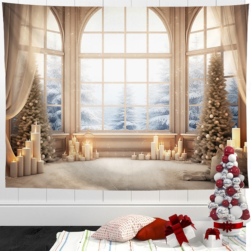 Christmas Decorations Hanging Tapestry Wall Art Xmas White Window View Large Tapestry Mural Decor Photograph Backdrop Blanket Curtain Home Bedroom Living Room3