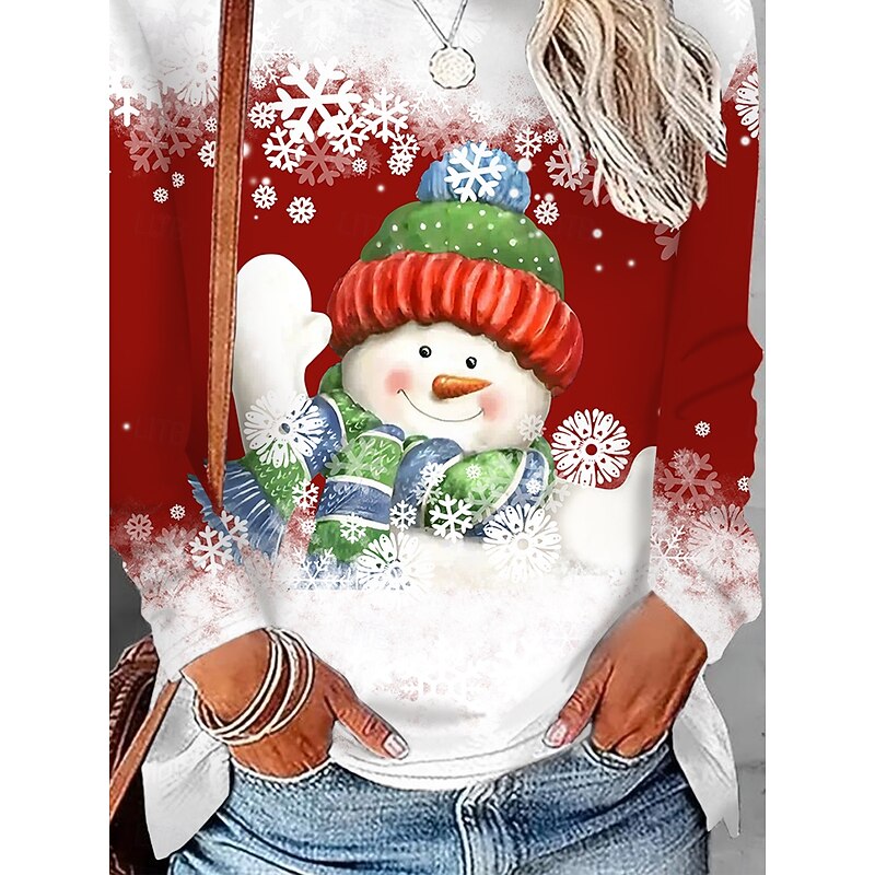 Women's T shirt Crew Neck Long Sleeve Tunic Holiday Sweatshirt Snowman Print Color Block Red White Winter Party Casual Pullover Festive Clothing Apparel2