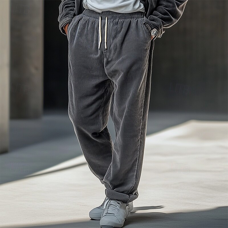 Men's Dress Pants Corduroy Pants Trousers Casual Pants Drawstring Elastic Waist Straight Leg Plain Comfort Warm Full Length Outdoor Casual Daily Fashion Streetwear Black Khaki
