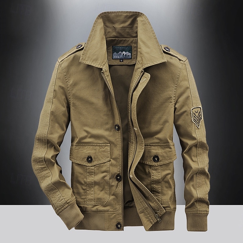 Men's Cargo Jacket Transition Jacket Going out Wearproof Pocket All Seasons Plain Classic Lapel Regular Navy Blue Khaki Army Green Jacket4