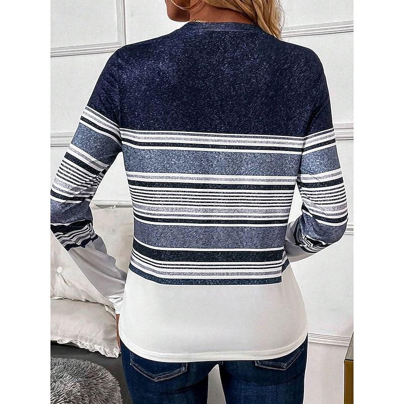 Women's T shirt Long Sleeve Crew Neck Long Sleeve Tunic Striped Casual Regular Tops Daily Print Blue Spring Fall Prefall2