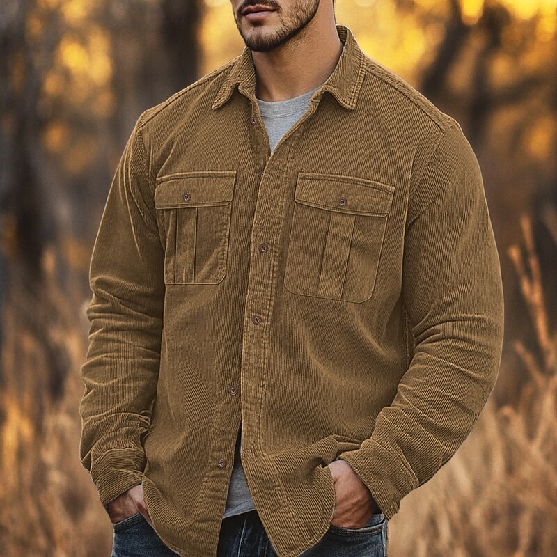 Men's Casual Shirt Corduroy Shirt Button Up Shirt Black Red Navy Blue Blue Green Long Sleeve Solid Color Lapel Vacation Street Pocket Clothing Apparel Warm Fashion Streetwear Outdoor4