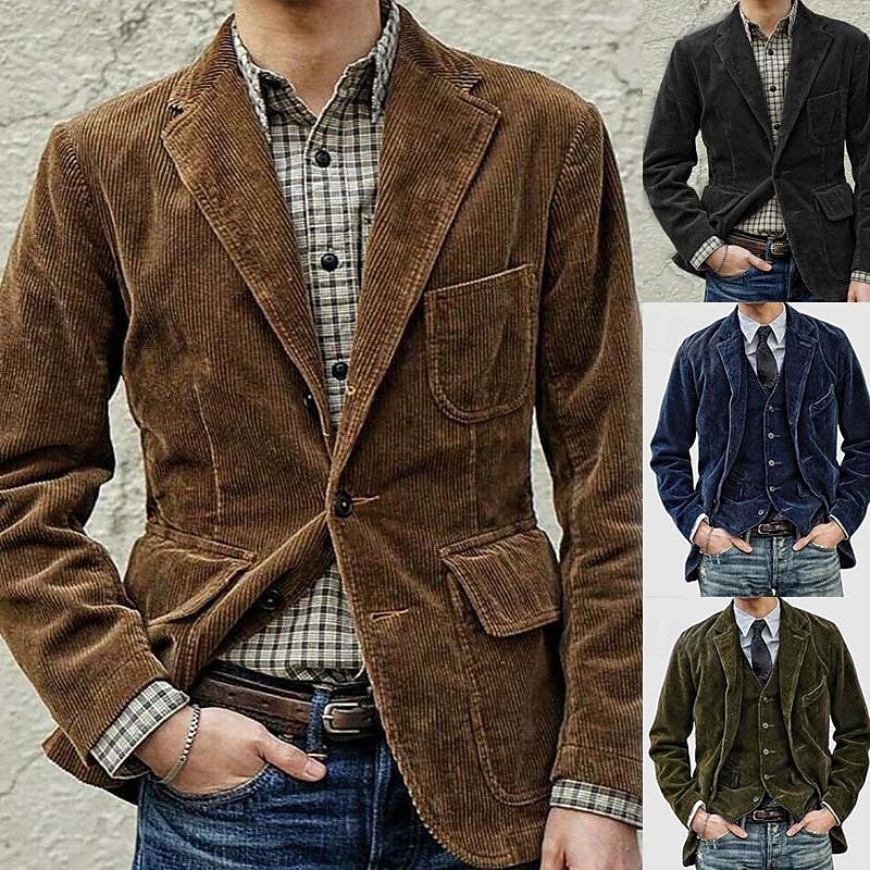 Men's Corduroy Jacket Transition Jacket Going out Pocket All Seasons Plain Classic Lapel Regular Black Brown Army Green Dark Blue Jacket2
