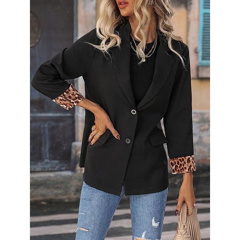 Women's Blazer Dailywear Button Leopard Comfortable Stylish Regular Fit Outerwear Long Sleeve Fall Black S2
