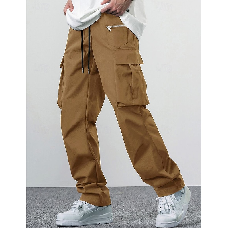 Men's Cargo Pants Trousers Casual Pants Drawstring Multi Pocket Straight Leg Plain Comfort Soft Full Length Outdoor Daily Going out Fashion Streetwear Black Khaki Micro-elastic