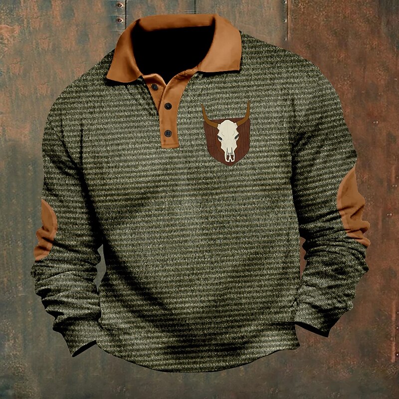 Men's Cowboy Skulls Polo Shirts Pullover Long Sleeve Polo Shirts Collar Vintage Casual Outdoor Streetwear 3D Print Buttons Fall & Winter Army Green