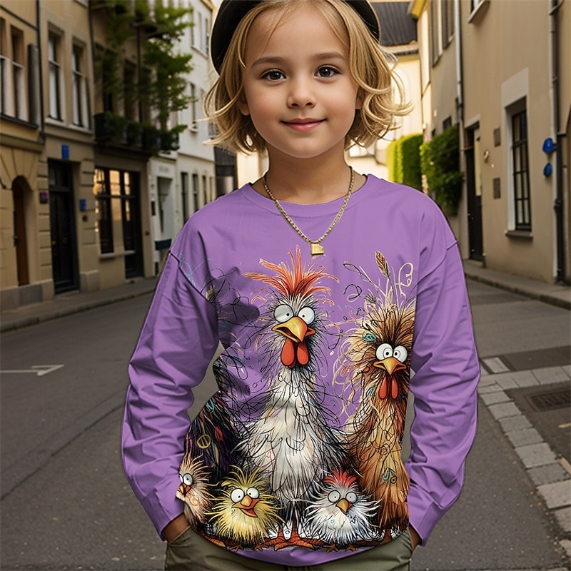 Girls' 3D Graphic Animal Chick T shirt Tee Long Sleeve Spring Fall Fashion Basic Kids 4-12 Years Crew Neck Outdoor Casual Daily Regular Fit