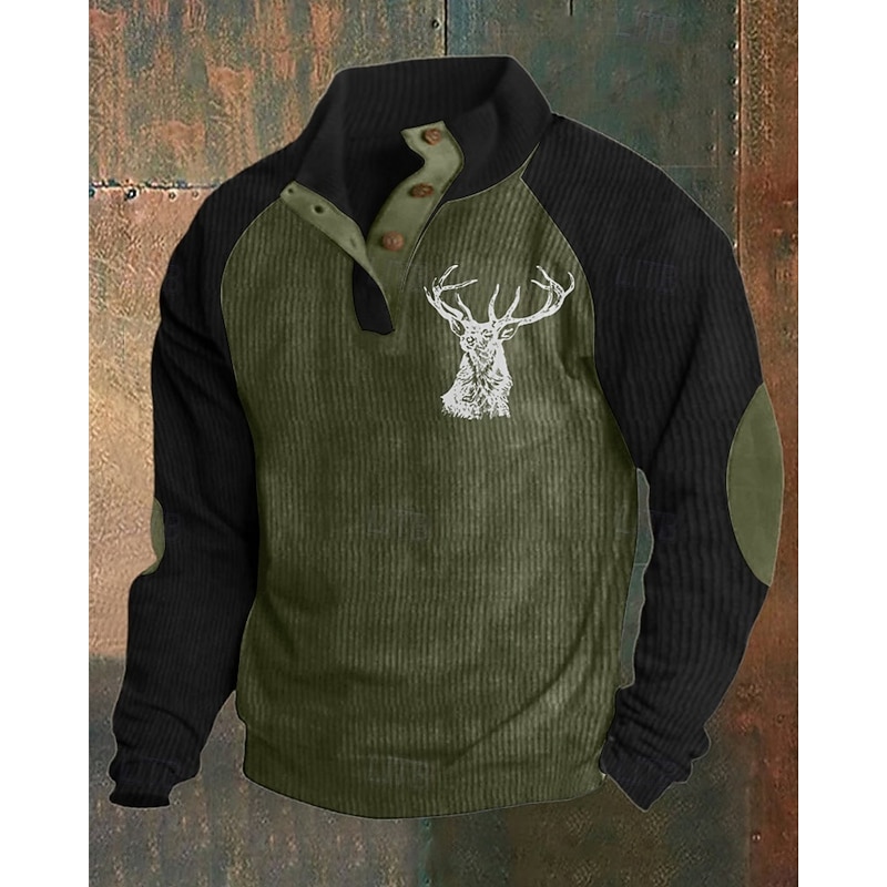Men's Sweatshirt khaki&black Black Army Green Navy Blue Brown Standing Collar Color Block Reindeer Patchwork Sports & Outdoor Daily Holiday Polyester Corduroy Streetwear Basic Casual Spring &  Fall3