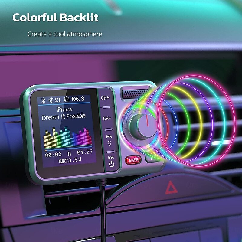 Bluetooth FM Transmitter for Car Wireless Car Bluetooth Adapter with Color Screen Support QC3.0 Fast Charging Hands-Free Call MP3 Music Player BASS&TRE Booster TF Card2