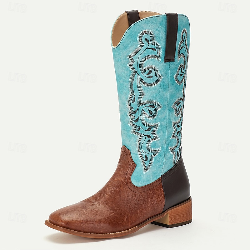Men's Turquoise and Brown Western Cowboy Boots with Embroidered Design - Stylish and Comfortable Footwear for Rodeo and Everyday Wear4