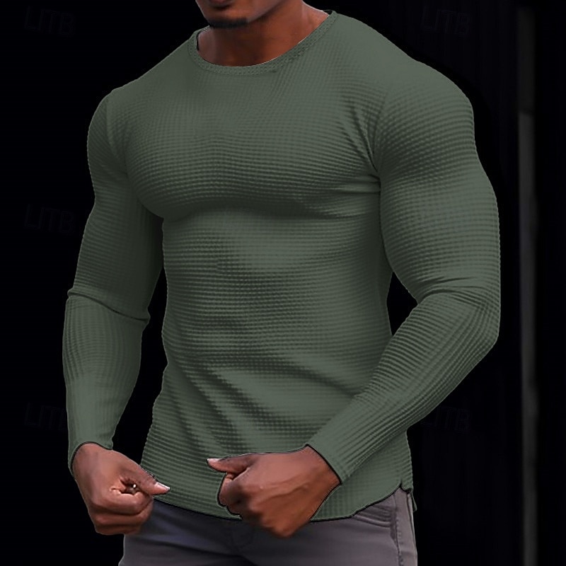 Men's Waffle Shirt T Shirt Tee Top Long Sleeve Shirt Long Sleeve Crew Neck Spring &  Fall Plain Fashion Designer Basic Knitted Vacation Street Going out Dark Brown Dark Grey Black Top Tee for Men4