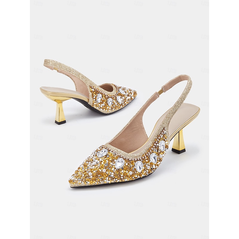 Women's Gold Rhinestone Slingback Heels with Pearl Embellishments – Luxury Pointed Toe Shoes for Weddings, Parties, and Formal Occasions3