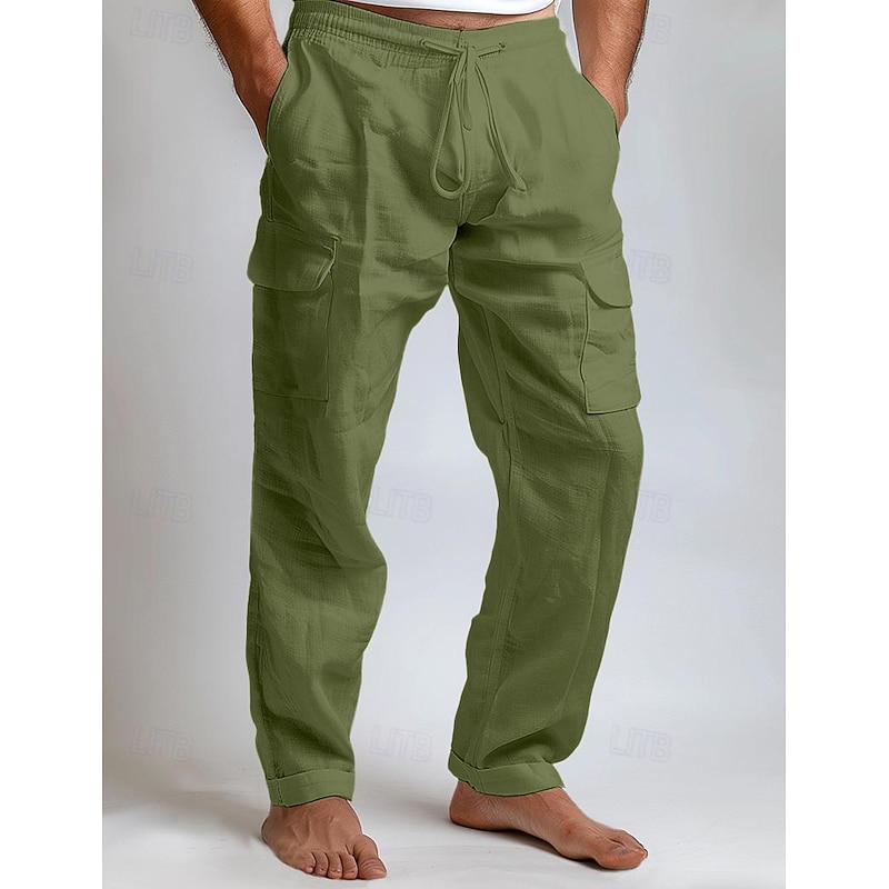 Men's Cargo Pants Trousers Summer Pants Beach Pants Drawstring Elastic Waist Multi Pocket Plain Comfort Breathable Full Length Outdoor Daily Going out Fashion Casual Black White Inelastic