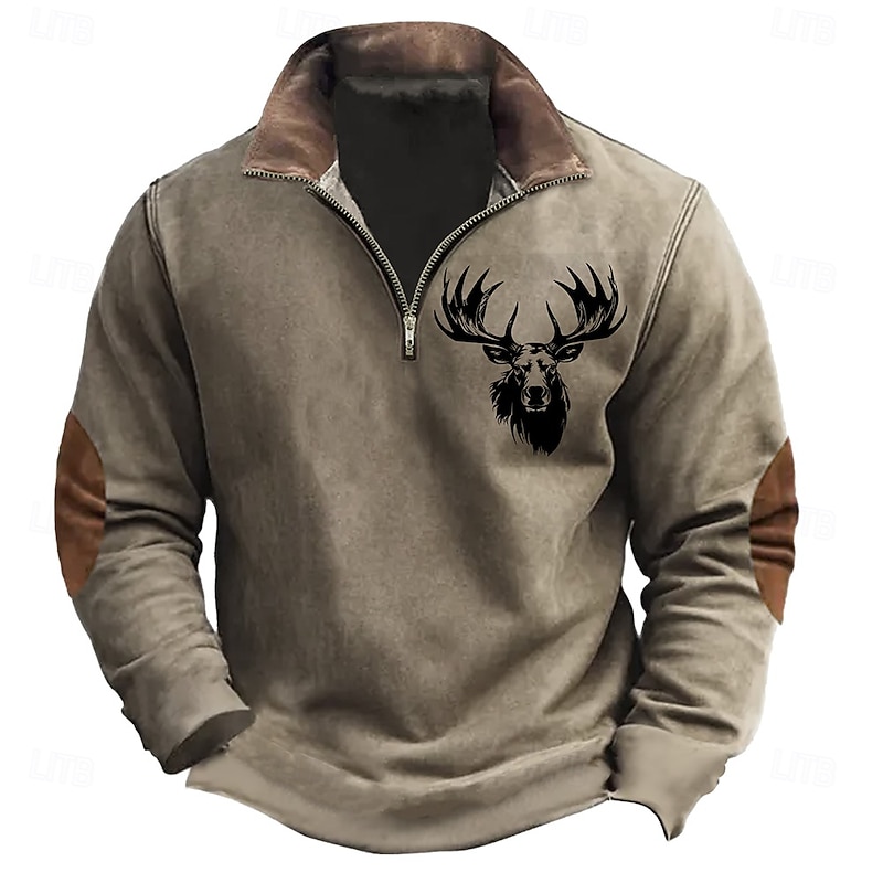 Men's Hunting Deer Sweatshirts Sweatshirt Zip Sweatshirt Long Sleeve Sweatshirt Half Zip Holiday Western Cowboy 3D Printing Party Holiday Half Zip