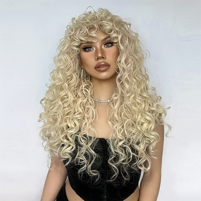 Synthetic Wig Uniforms Career Costumes Princess Curly Deep Curly Middle Part Layered Haircut With Bangs Machine Made Wig 26 inch Light golden Synthetic Hair Women's Cosplay Party Fashion Blonde4