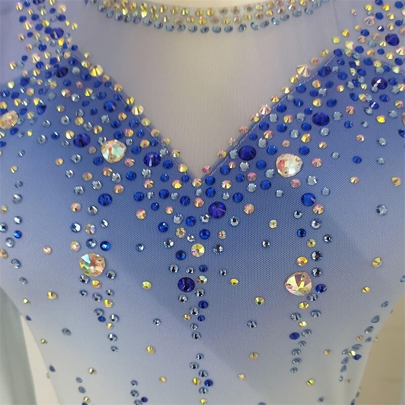 Figure Skating Dress Women's Girls' Ice Skating Dress Blue Patchwork Mesh High Elasticity Training Competition Skating Wear Classic Crystal / Rhinestone Long Sleeve Ice Skating Figure Skating4