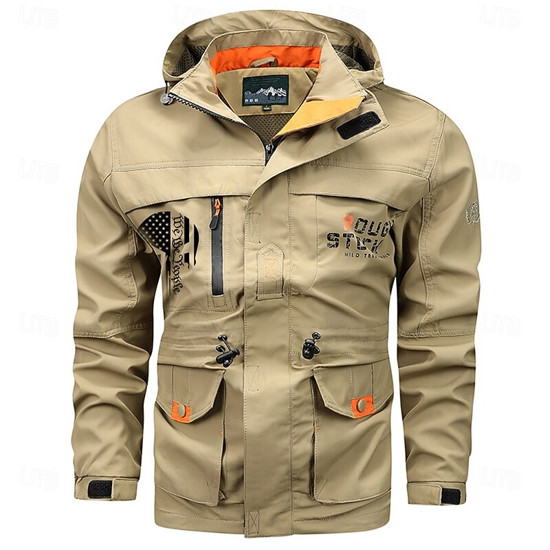 Men's Letter Printed Outdoor Jacket Coat Tactical Practical Casual Sports Outdoor Daily Wear Side Pockets Zip Front Adjustable Drawstring Hood Fall Winter Standing Collar Long Sleeve khaki Army Green2