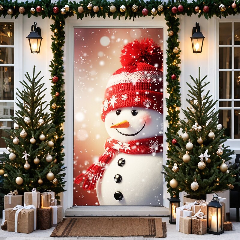 Christmas Door Decorations Stained Glass Door Covers Xmas Snowman Door Tapestry Door Curtain Decoration Backdrop Door Banner for Front Door Farmhouse Holiday Party Decor Supplies Indoor/Outdoor3