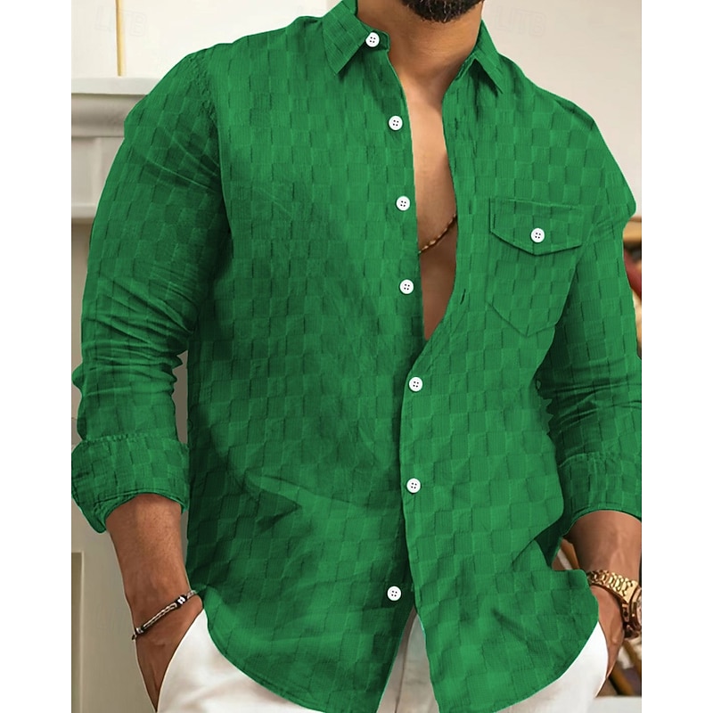Men's Shirt Summer Shirt Button Up Shirt Casual Shirt Beach Shirt Black White Light Green Sky Blue Dark Green Long Sleeve Plain Lapel Hawaiian Holiday Jacquard Clothing Apparel Fashion Casual3