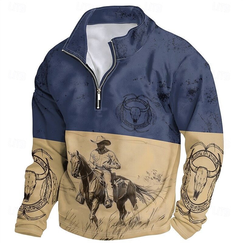 Men's Graphic Cowboy Hoodies Daily Casual Long Sleeve Stand Collar Vacation Going out Streetwear Blue Print Spring &  Fall Designer