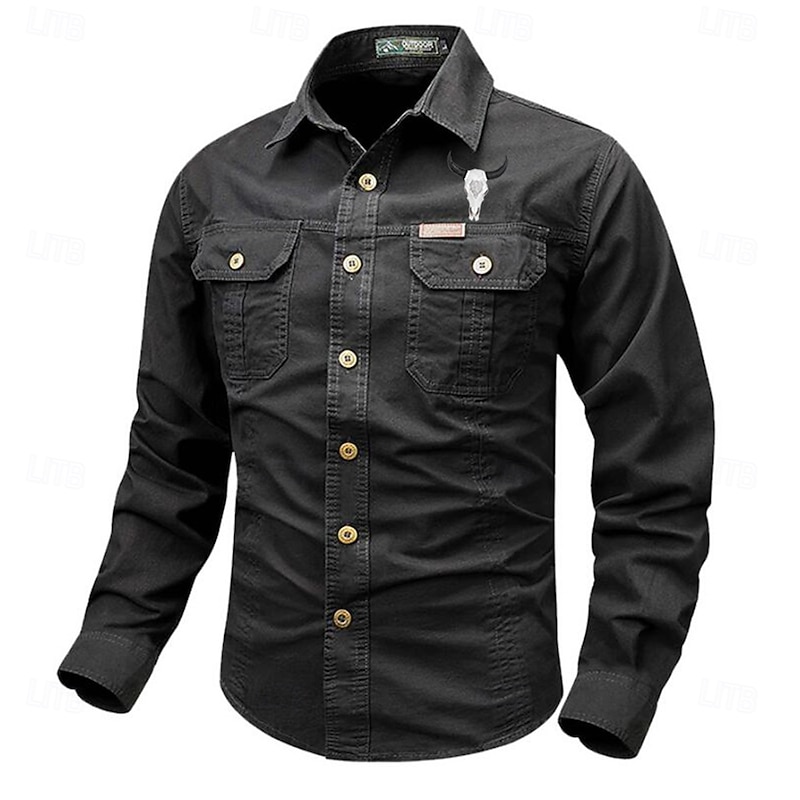 Men's Cow Work Shirt Western Shirt Cargo Shirt Long Sleeve Casual Tactical Sports & Outdoor Going out Winter Spring &  Fall Turndown Print Black Grey Black White Army Green Red