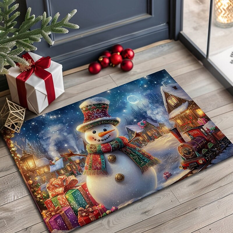 Christmas Decoration Doormat Xmas Town Snowman Kitchen Mat Floor Mat Non-Slip Area Rug Oil Proof Rug Indoor Outdoor Mat Bedroom Decor Bathroom Mat Entrance Rug