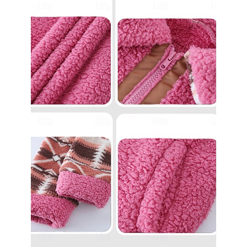 Women's Fleece Jacket Teddy Coat Hoodie Jacket Warm Breathable Zipper Pocket Fleece Lined Vintage Casual Geometric Vacation Street Daily Wear Going out Zipper Regular Turndown Regular Fit Long Sleeve3