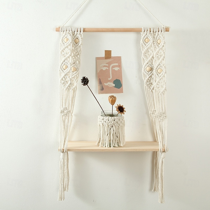 Macrame Wood Floating Shelves Handmade Woven Bohemian Wall Shelves Tapestry Cotton Woven Rope Hanging Shelves Decorative Storage Racks Holder Organizer Boho Decor For Home Bedroom Bathroom Plants2