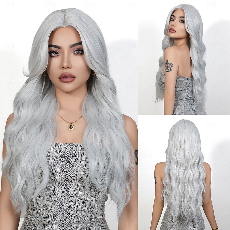Synthetic Wig Uniforms Career Costumes Princess Curly Wavy Middle Part Layered Haircut Machine Made Wig 26 inch Silver Synthetic Hair Women's Cosplay Party Fashion Silver