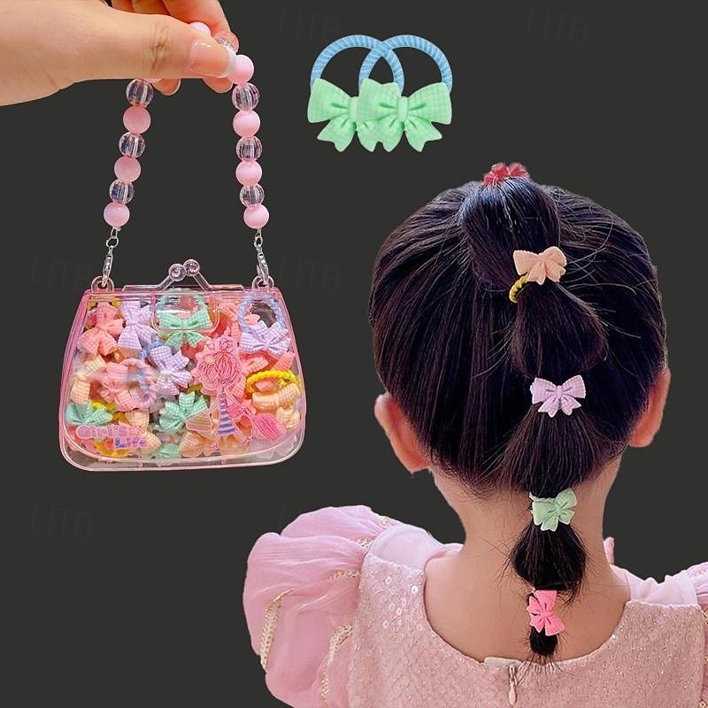 20pcs Cute Cartoon Flower & Bow Hair Ties Set for Girls - Colorful Elastic Ponytail Holders with Faux Pearl Storage Box, Assorted Colors4