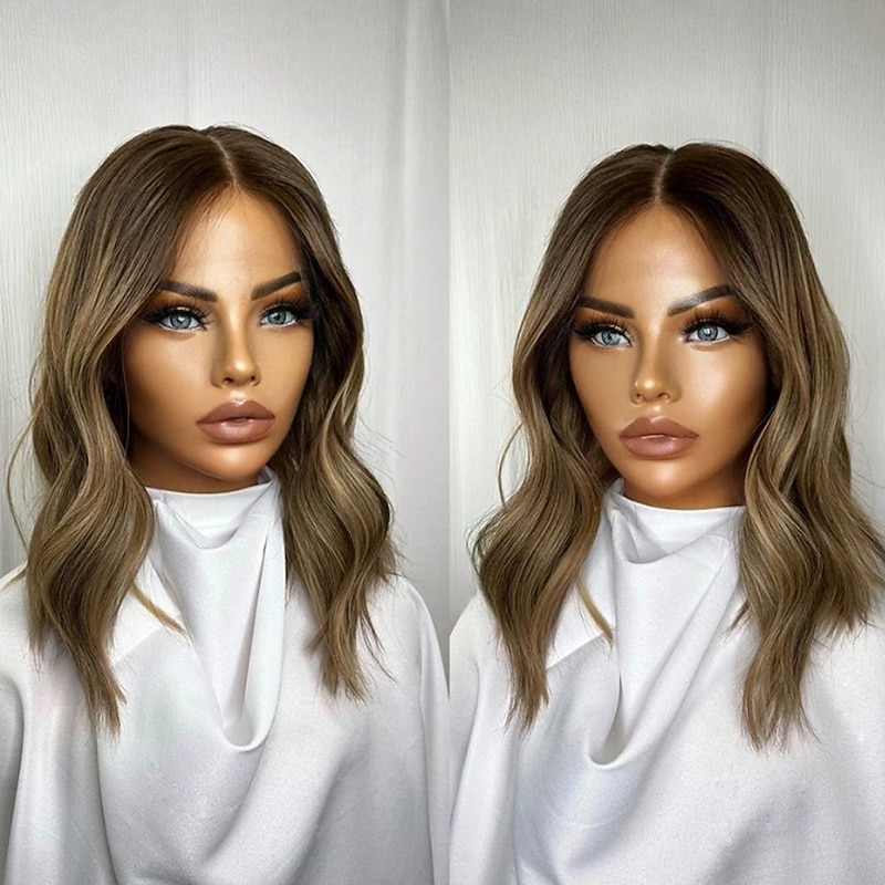 Remy Human Hair 13x4 Lace Front Wig Short Bob Brazilian Hair Wavy Multi-color Wig 130% 150% Density Highlighted / Balayage Hair Natural Hairline 100% Virgin Glueless Pre-Plucked For Women Medium3