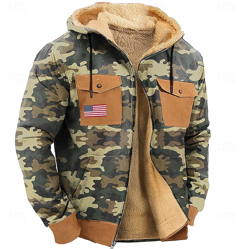 Men's Camo Camouflage American US Flag Fleece Hoodie Hoodies Fashion Cool Long Sleeve Hooded Hunting Streetwear Blue Green Zipper Pocket Fall Winter Designer