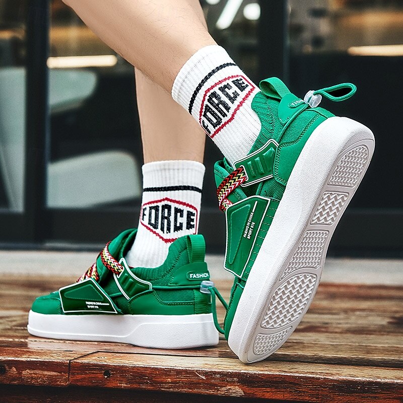 Men's Green High-Top Sneakers with Multicolor Laces and Velcro Strap – Stylish Casual Sport Shoes for Streetwear and Everyday Use 7