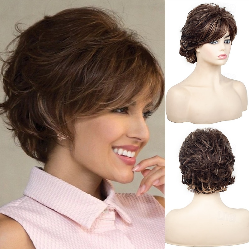 Brown Short Wigs for White Women, Brown Wig with Bangs Short Curly Pixie Cut Wigs Charming Synthetic Layered Wavy Wigs For Old Lady