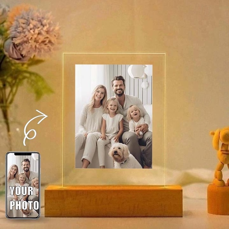 Personalized Light Up Photo Frame Custom Valentine's Acrylic Night Light USB Powered Perfect for Anniversary Holiday Gifts Family Friends Lovers and Children - Main Image