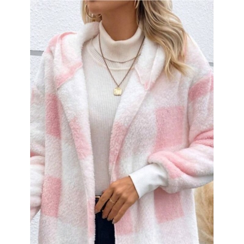 Women's Winter Coat Fleece Jacket Teddy Coat Warm Breathable Print Fleece Lined Casual Plaid Vacation Street Daily Wear Going out Open Front Regular Hoodie Regular Fit Long Sleeve Outerwear Pink Red3