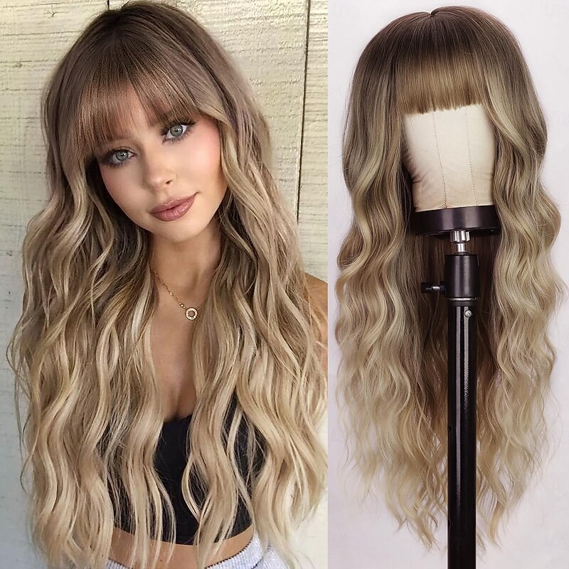 Wig With Bangs Long Wavy Curly Ombre Wig with Dark Root Synthetic Heat Resistant Wigs for Women Daily Party Use